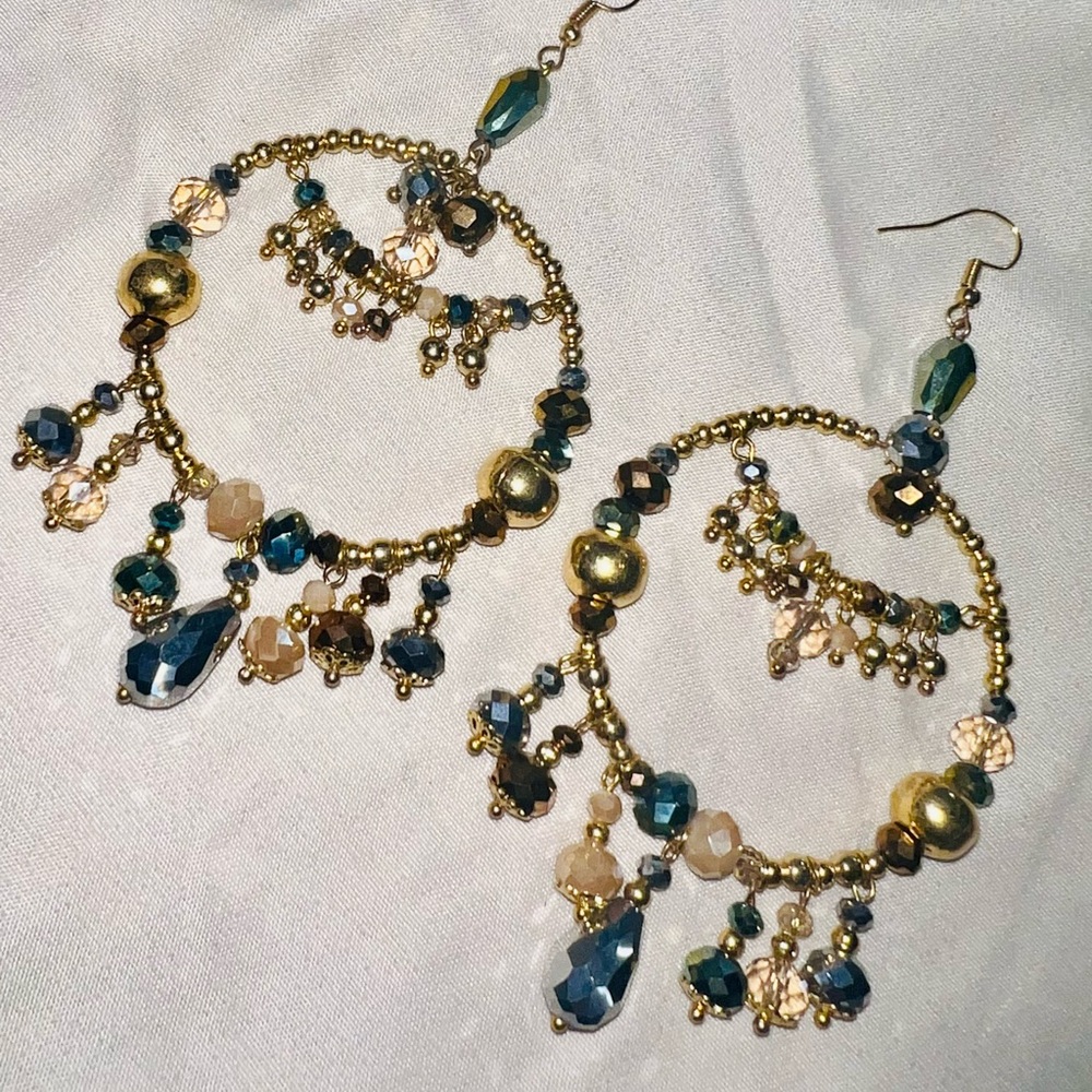 Small Dream Catcher Beaded Handcrafted Blue/Gold Earrings
